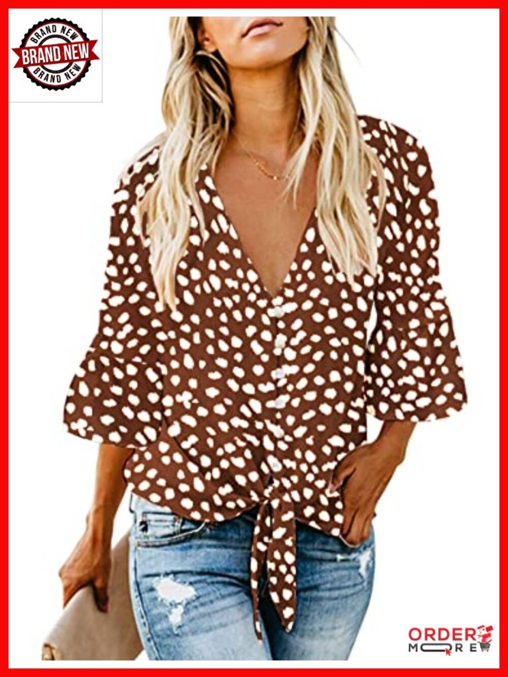Button Down V Neck Tie Knot Front Blouse 3/4 Sleeve Chiffon Tunic Top